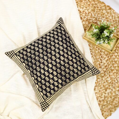 Floral Buta Print Syahi Begar Block Printed Cushion In Black