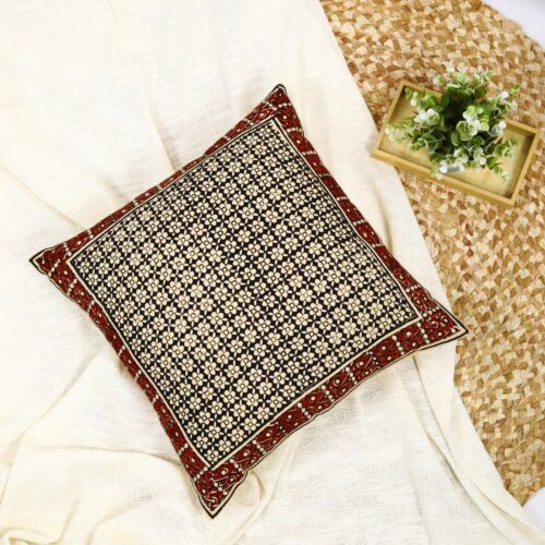 Canvas Cotton Syahi Begar Block Printed Cushion In Black & Multicolor
