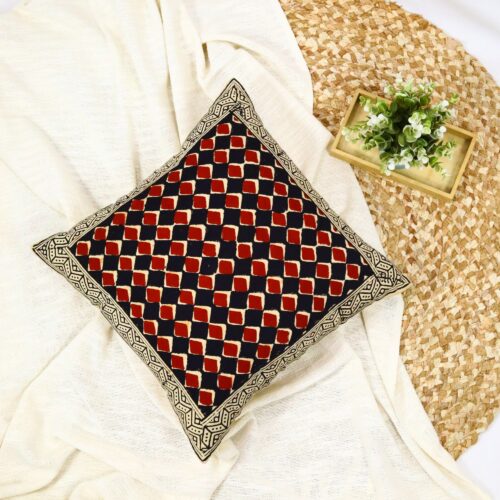 Classic Syahi Begar Block Printed Cushion Cover In Red, Black & Multicolor