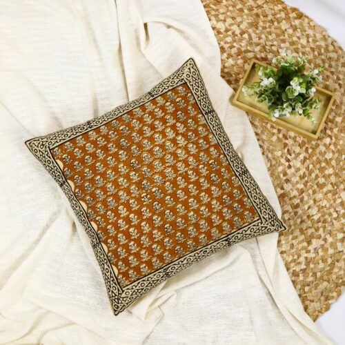 Floral Buta Print Syahi Begar Block Printed Cushion In Yellow