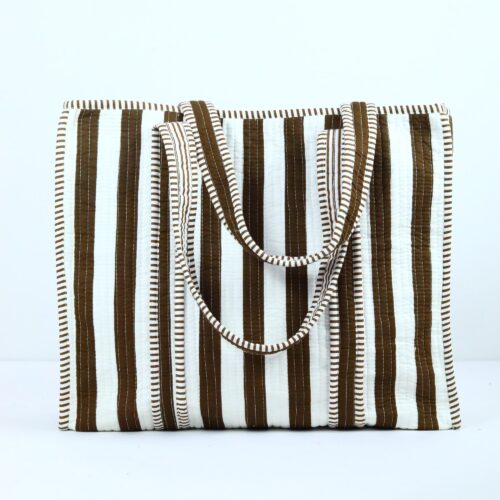 Bold Impressions Screen Print Cotton Tote Bag In Brown  & White Stripes