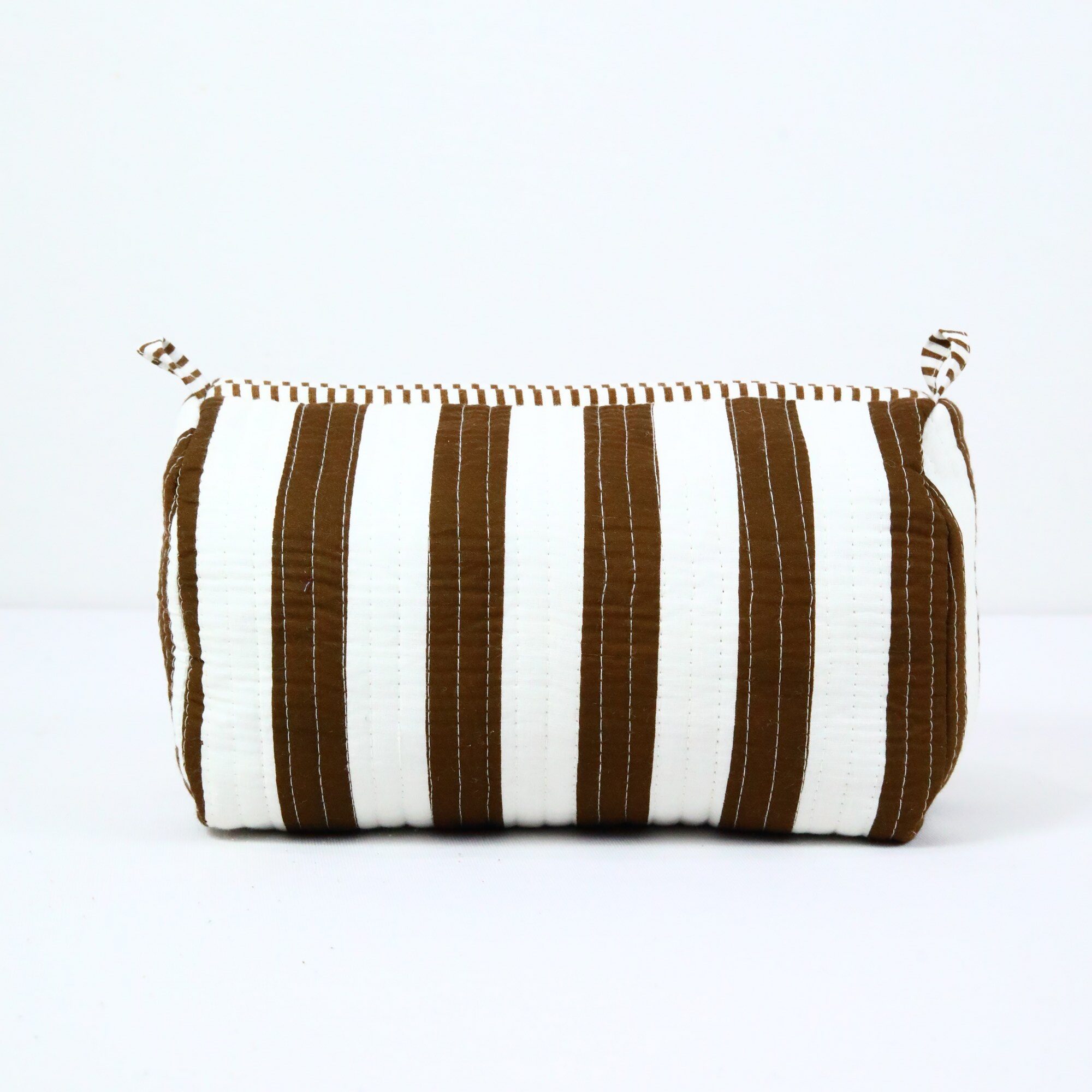 Stripes In Screen Print Set Of 3 Cotton Quilted Toiletry Pouches in White & Brown - Image 2