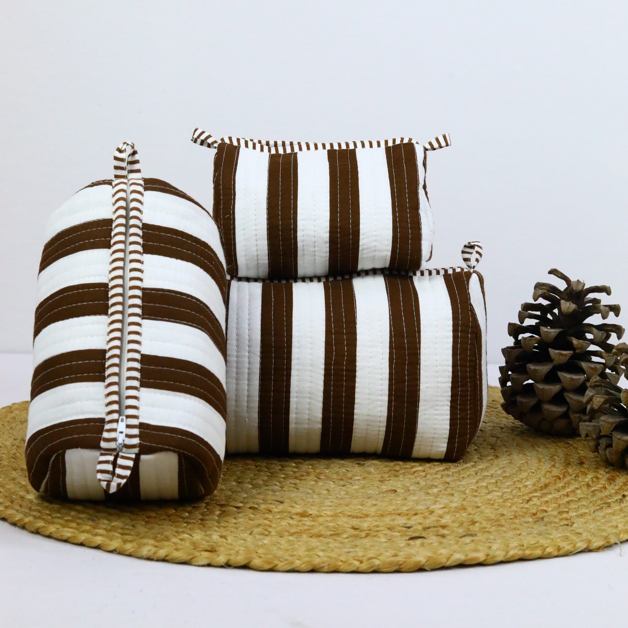 Stripes In Screen Print Set Of 3 Cotton Quilted Toiletry Pouches in White & Brown - Image 5