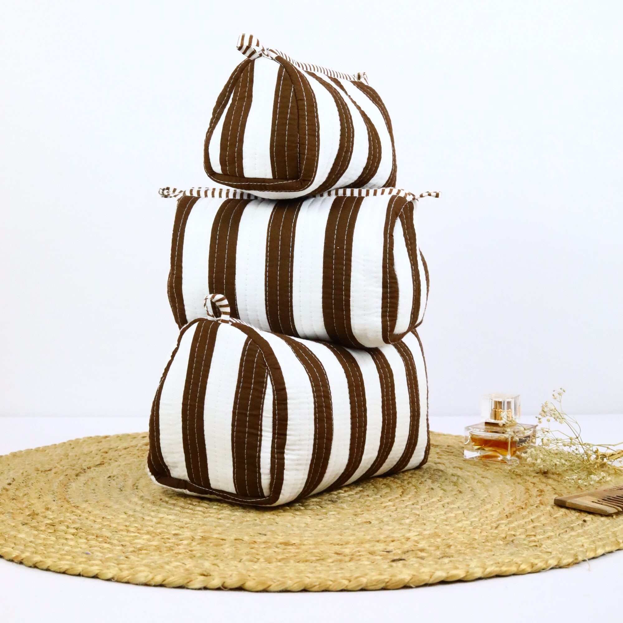 Stripes In Screen Print Set Of 3 Cotton Quilted Toiletry Pouches in White & Brown