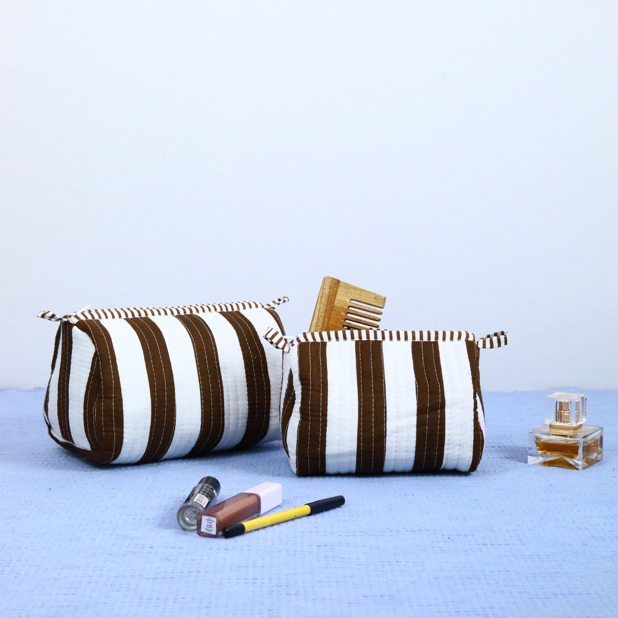 Stripes In Screen Print Set Of 3 Cotton Quilted Toiletry Pouches in White & Brown - Image 7