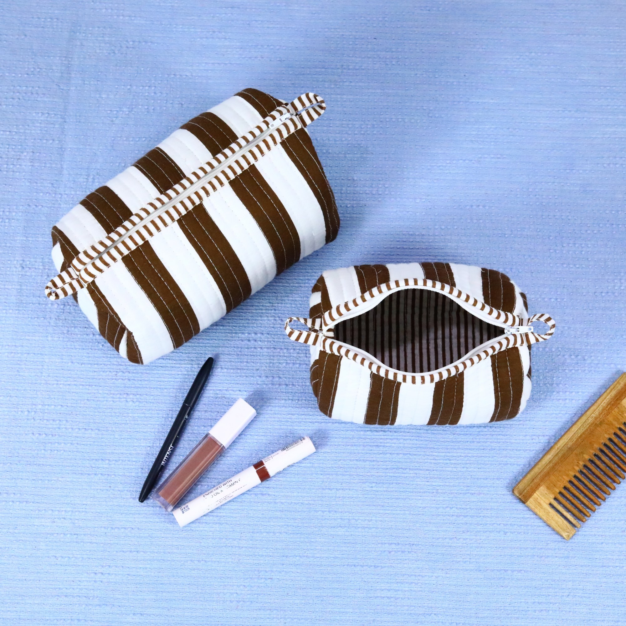 Stripes In Screen Print Set Of 3 Cotton Quilted Toiletry Pouches in White & Brown - Image 8