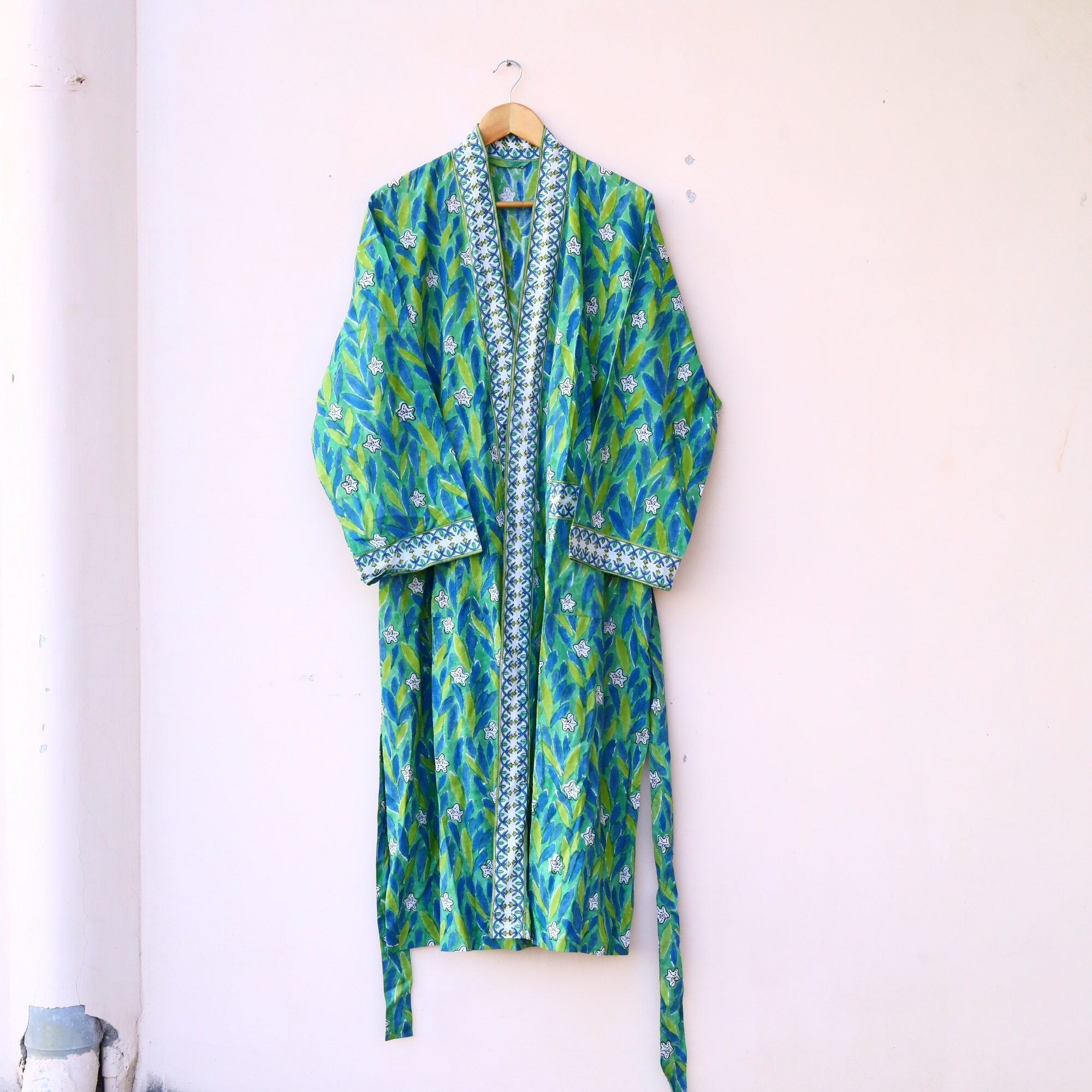 Blush Leaf Kimono Block Printed Kimono In Blue & Green With Spacious Pockets - Image 2