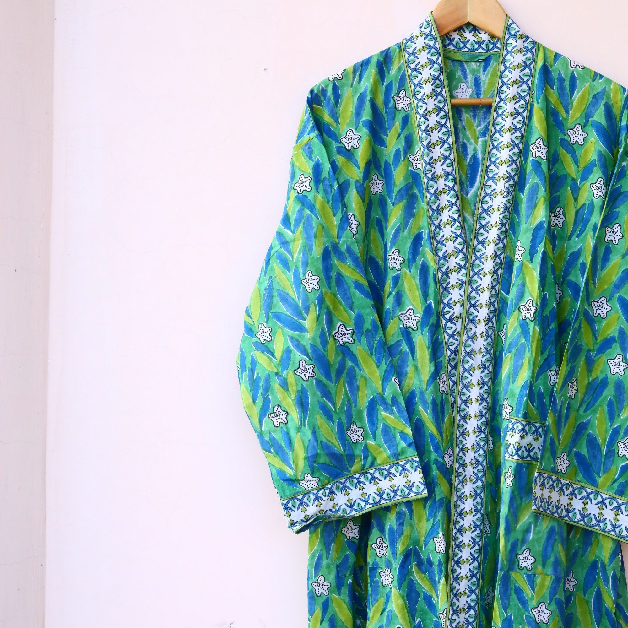 Blush Leaf Kimono Block Printed Kimono In Blue & Green With Spacious Pockets - Image 3