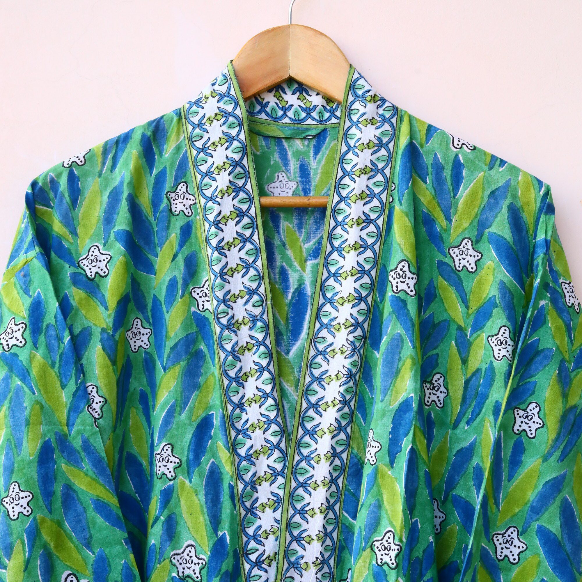 Blush Leaf Kimono Block Printed Kimono In Blue & Green With Spacious Pockets - Image 4