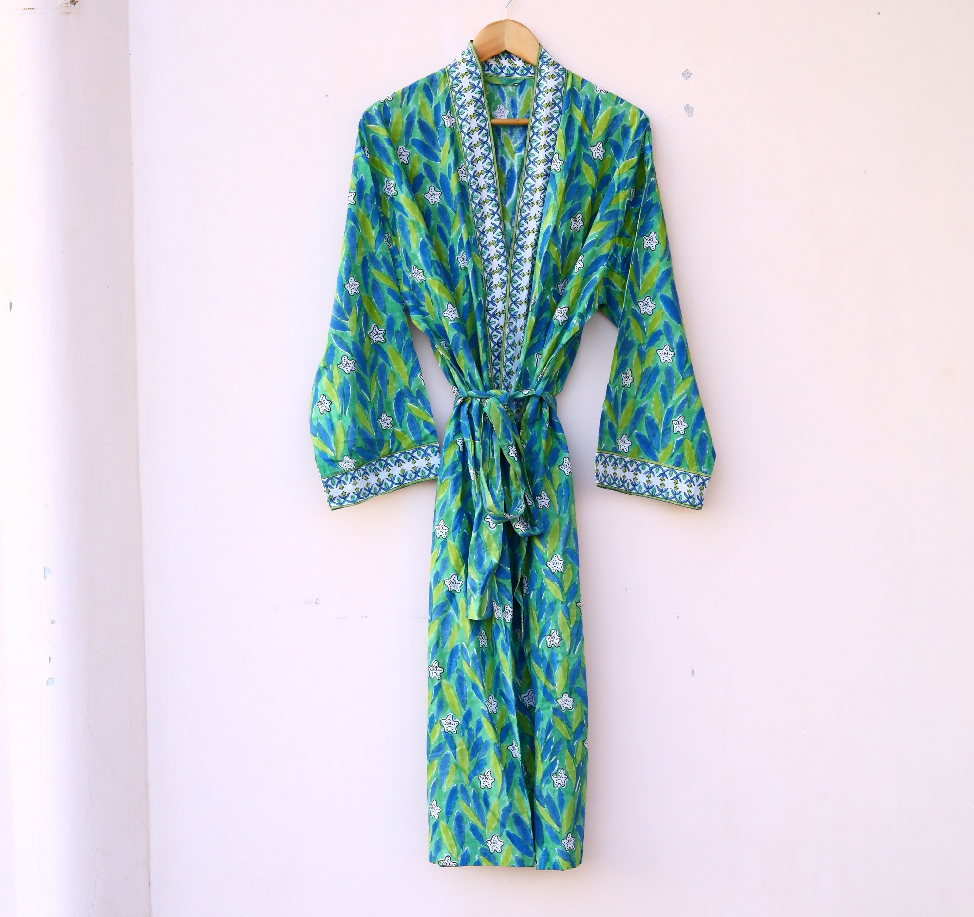Blush Leaf Kimono Block Printed Kimono In Blue & Green With Spacious Pockets