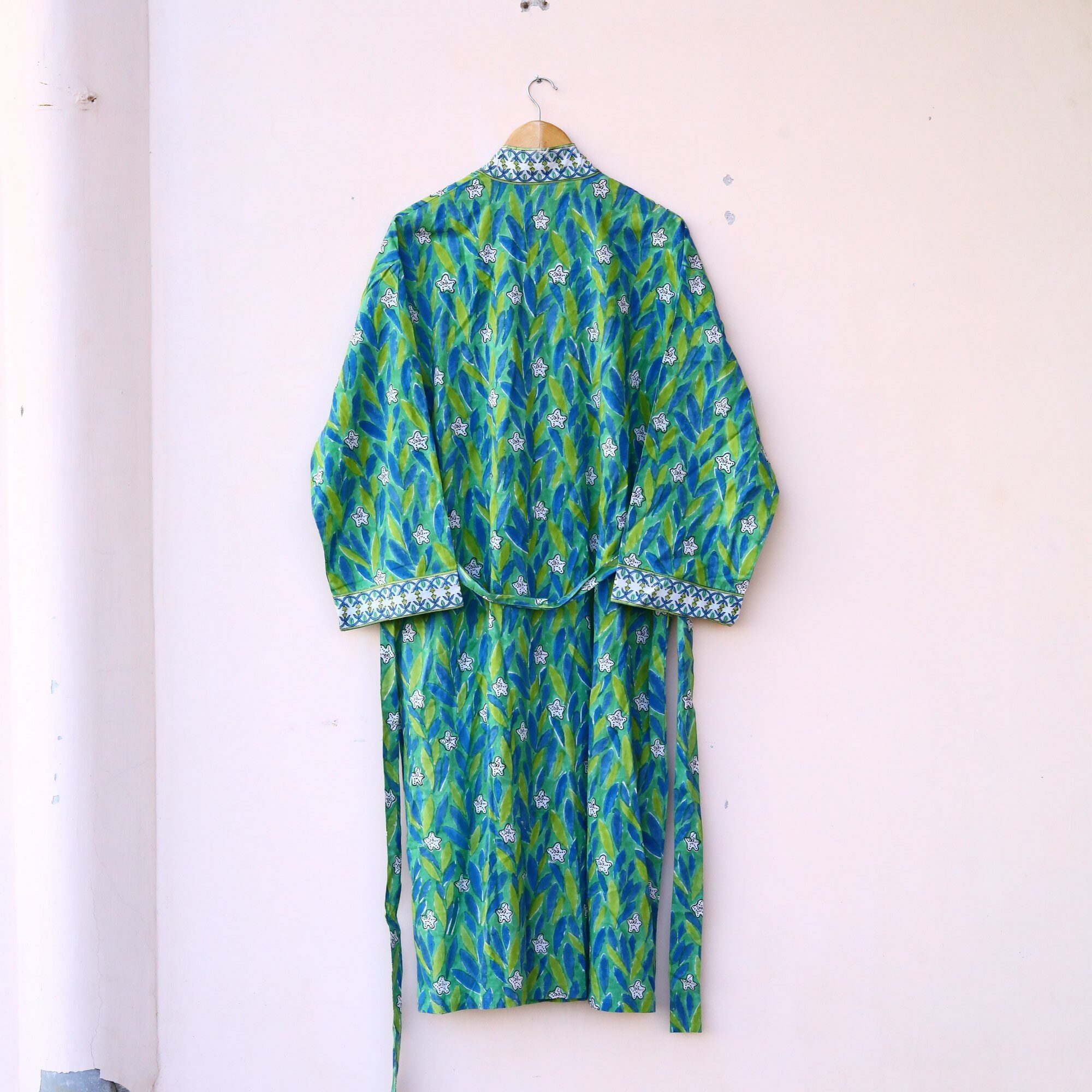 Blush Leaf Kimono Block Printed Kimono In Blue & Green With Spacious Pockets - Image 6