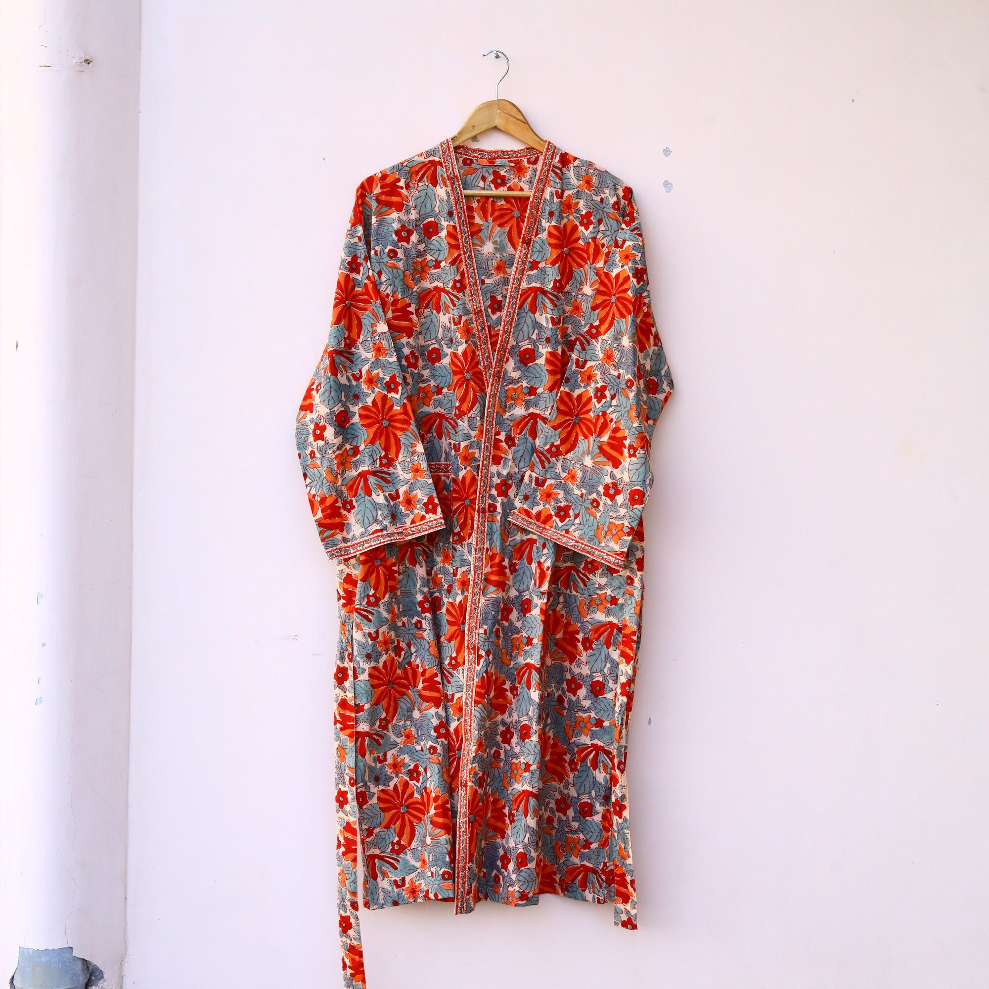 Floral Block Printed Kimono In Red & Blue With Spacious Pockets - Image 2