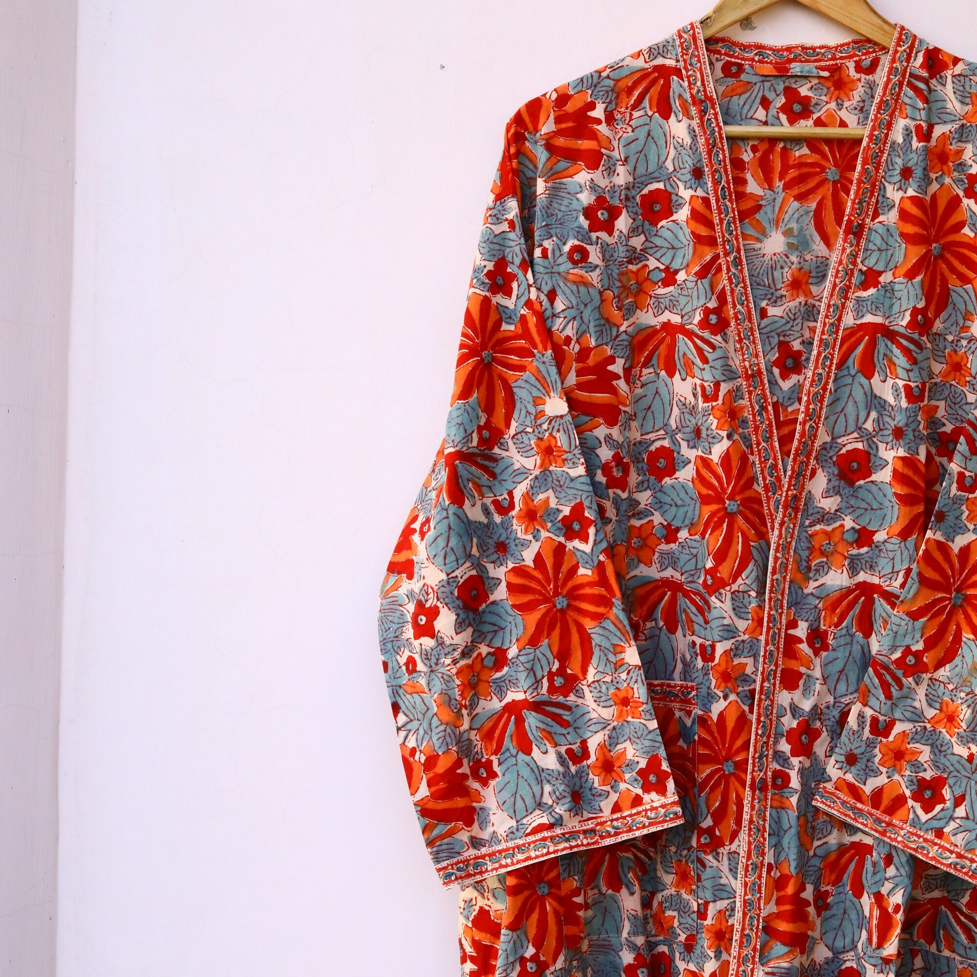 Floral Block Printed Kimono In Red & Blue With Spacious Pockets - Image 3