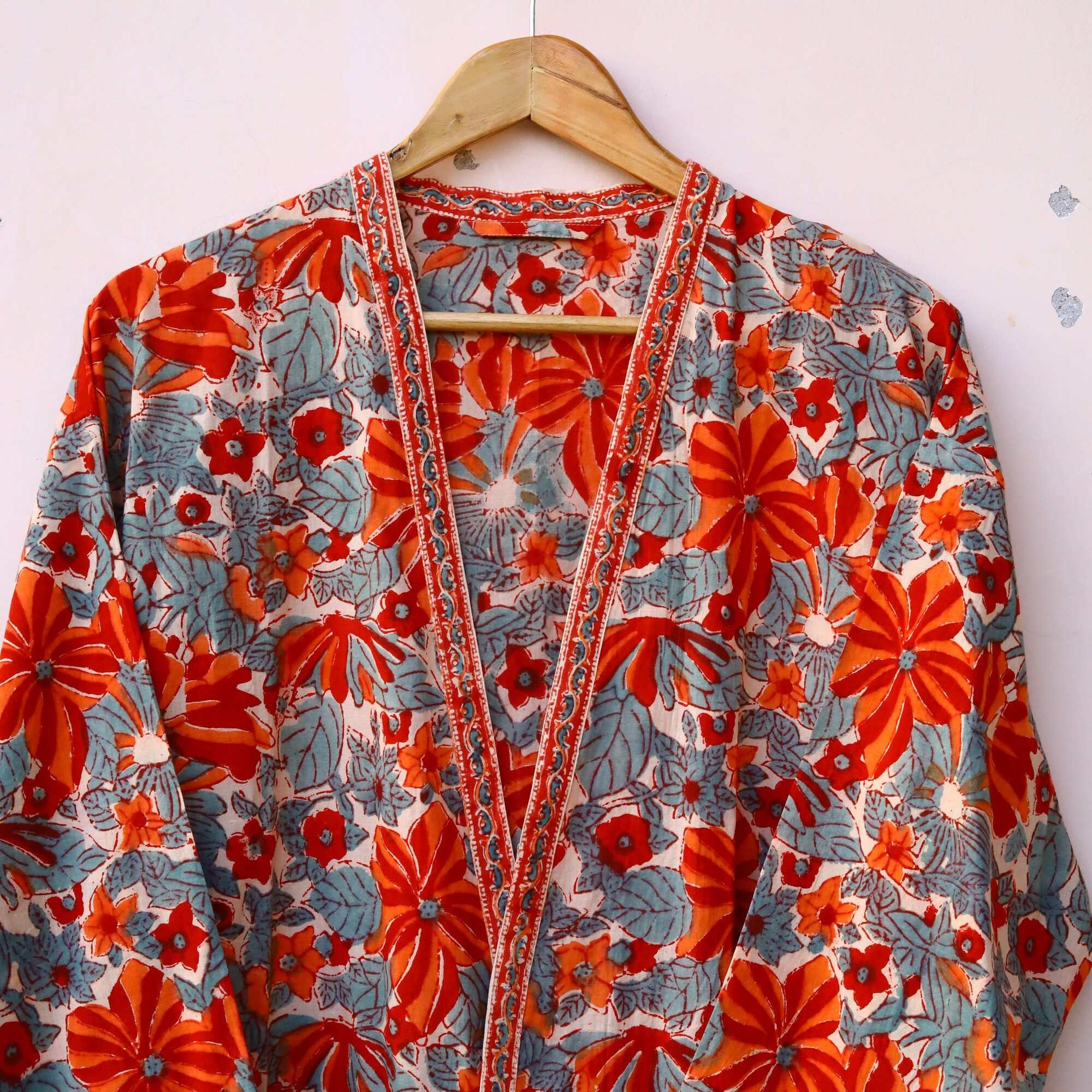 Floral Block Printed Kimono In Red & Blue With Spacious Pockets - Image 4