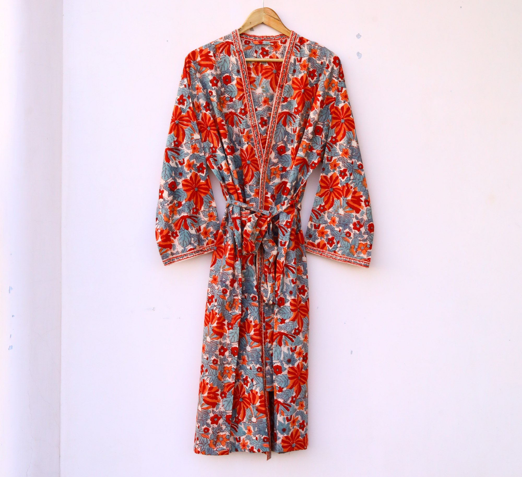 Floral Block Printed Kimono In Red & Blue With Spacious Pockets
