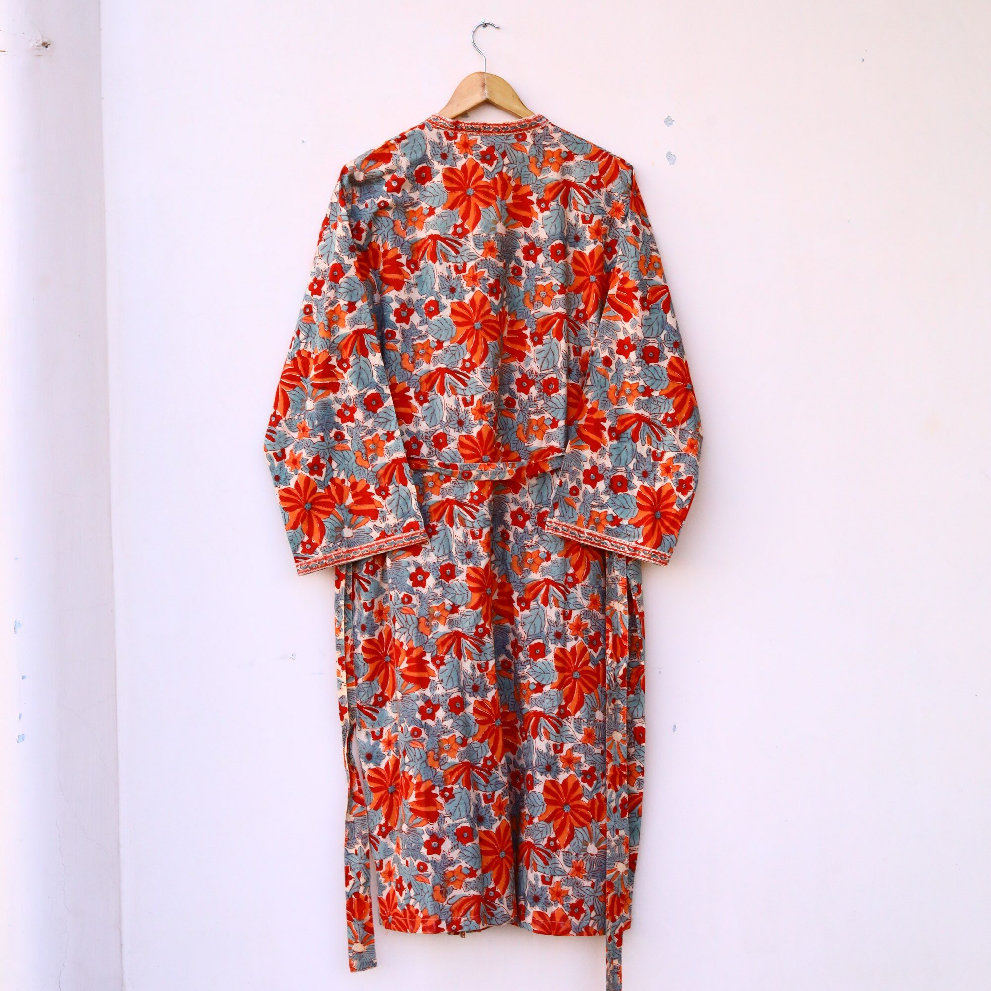 Floral Block Printed Kimono In Red & Blue With Spacious Pockets - Image 6