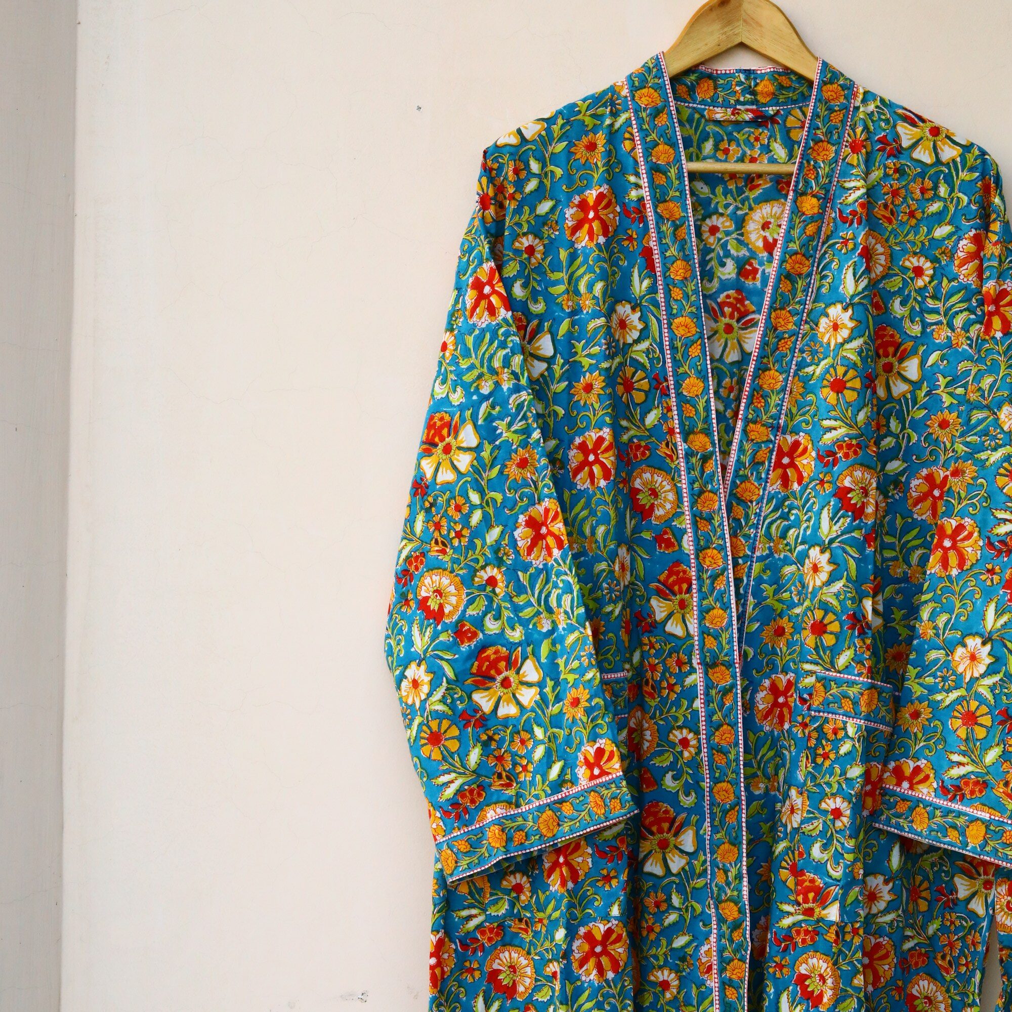 Floral Whisper Block Printed Kimono In Multicolor With Spacious Pockets - Image 3