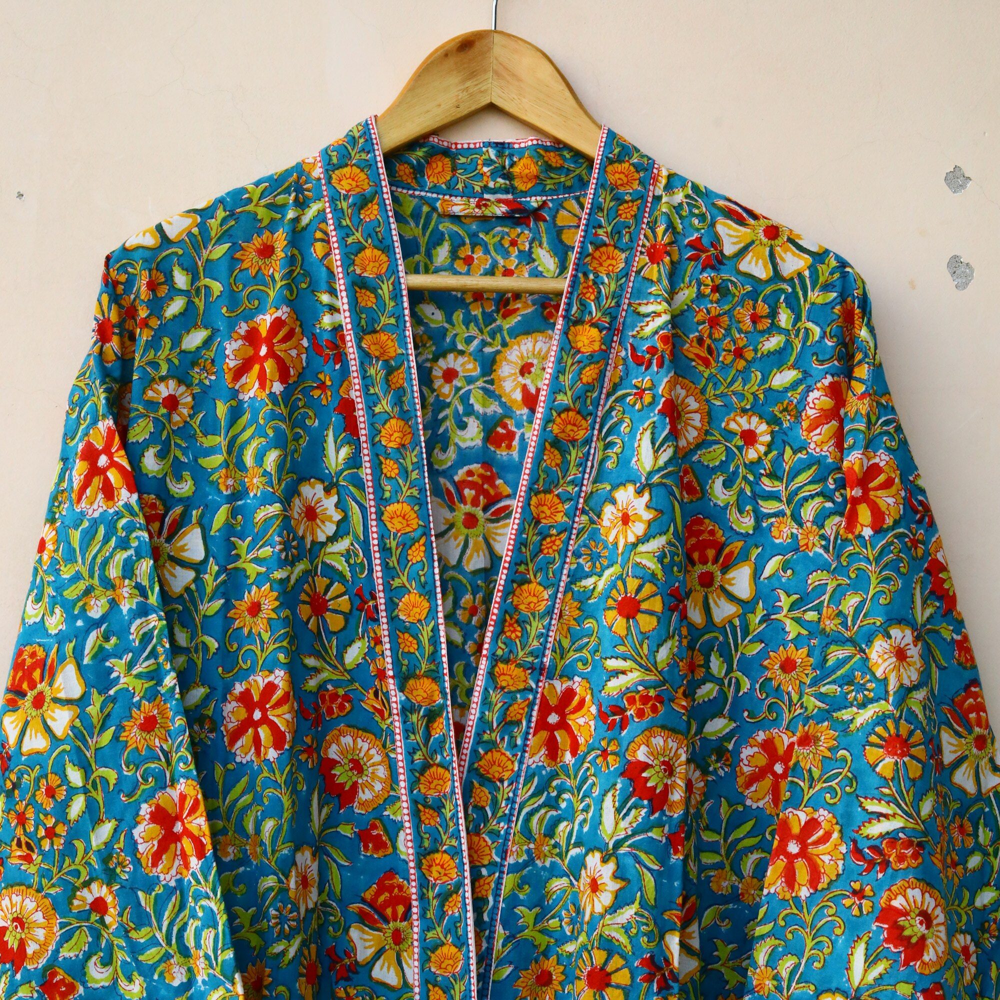 Floral Whisper Block Printed Kimono In Multicolor With Spacious Pockets - Image 4