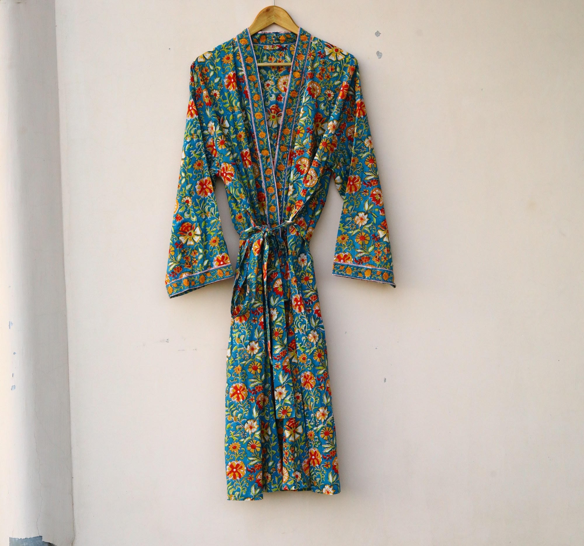 Floral Whisper Block Printed Kimono In Multicolor With Spacious Pockets