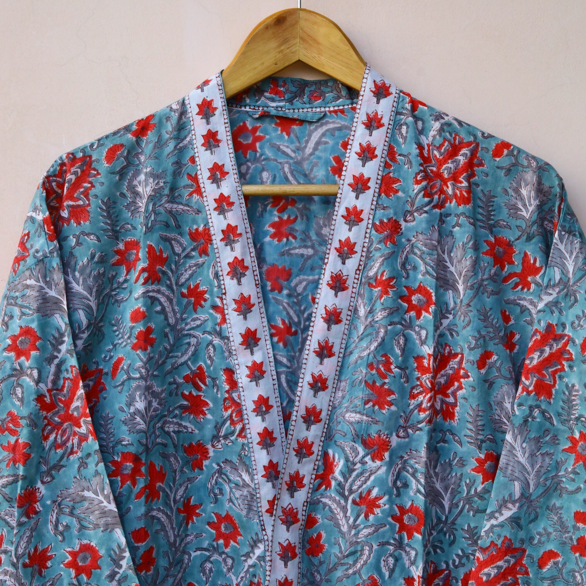 Soul Print Kimono Block Printed Kimono In Blue & Red With Spacious Pockets - Image 5