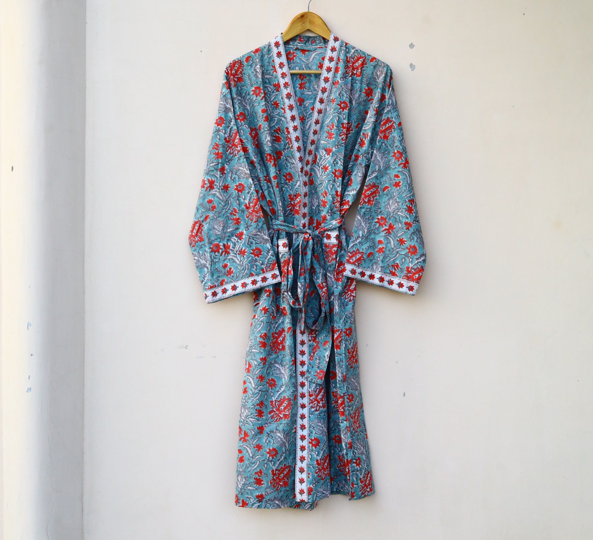Soul Print Kimono Block Printed Kimono In Blue & Red With Spacious Pockets