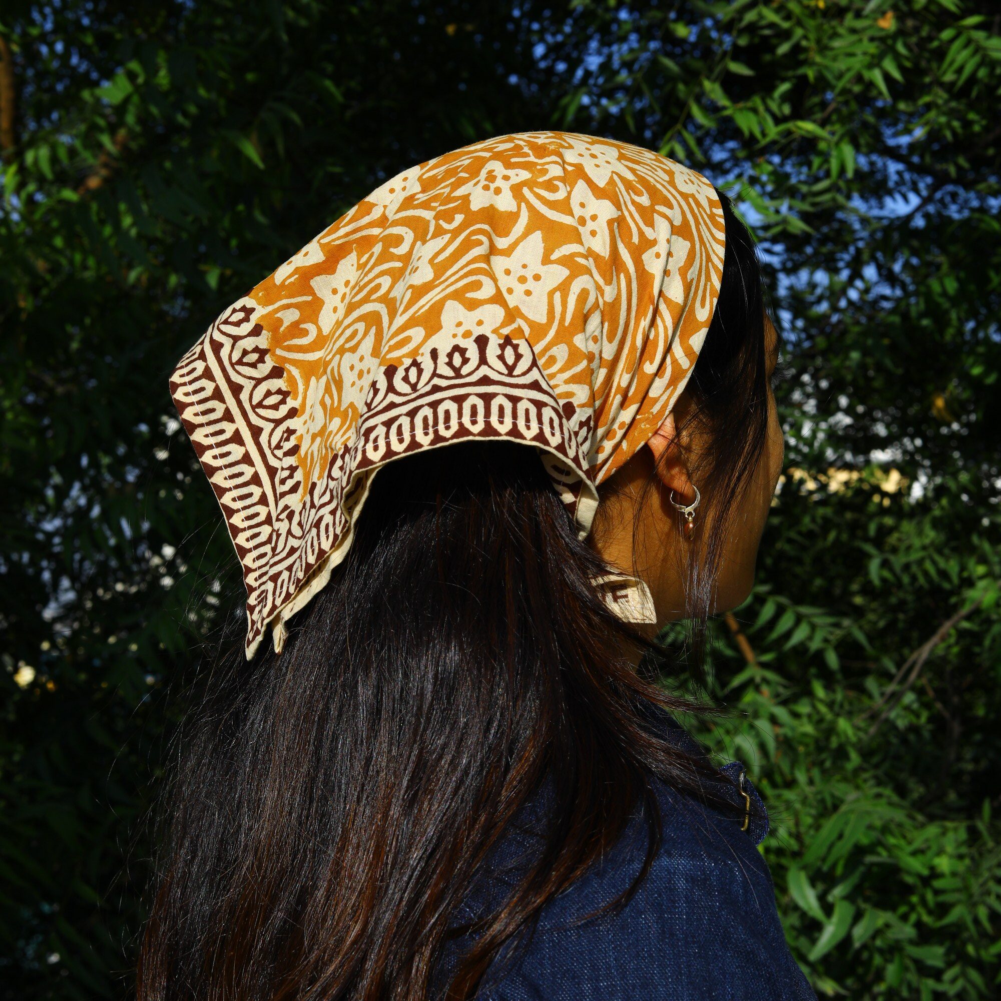 Soft Wrap Block Print Bandana In Mustard Yellow