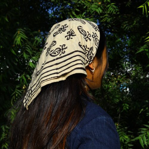 Soft Knotter Block Print Bandana In Soft Cream & Black