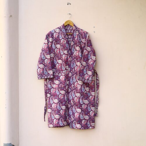 Paisley Kimono Block Printed Cotton Quilted Kimono In Purple With Spacious Pockets