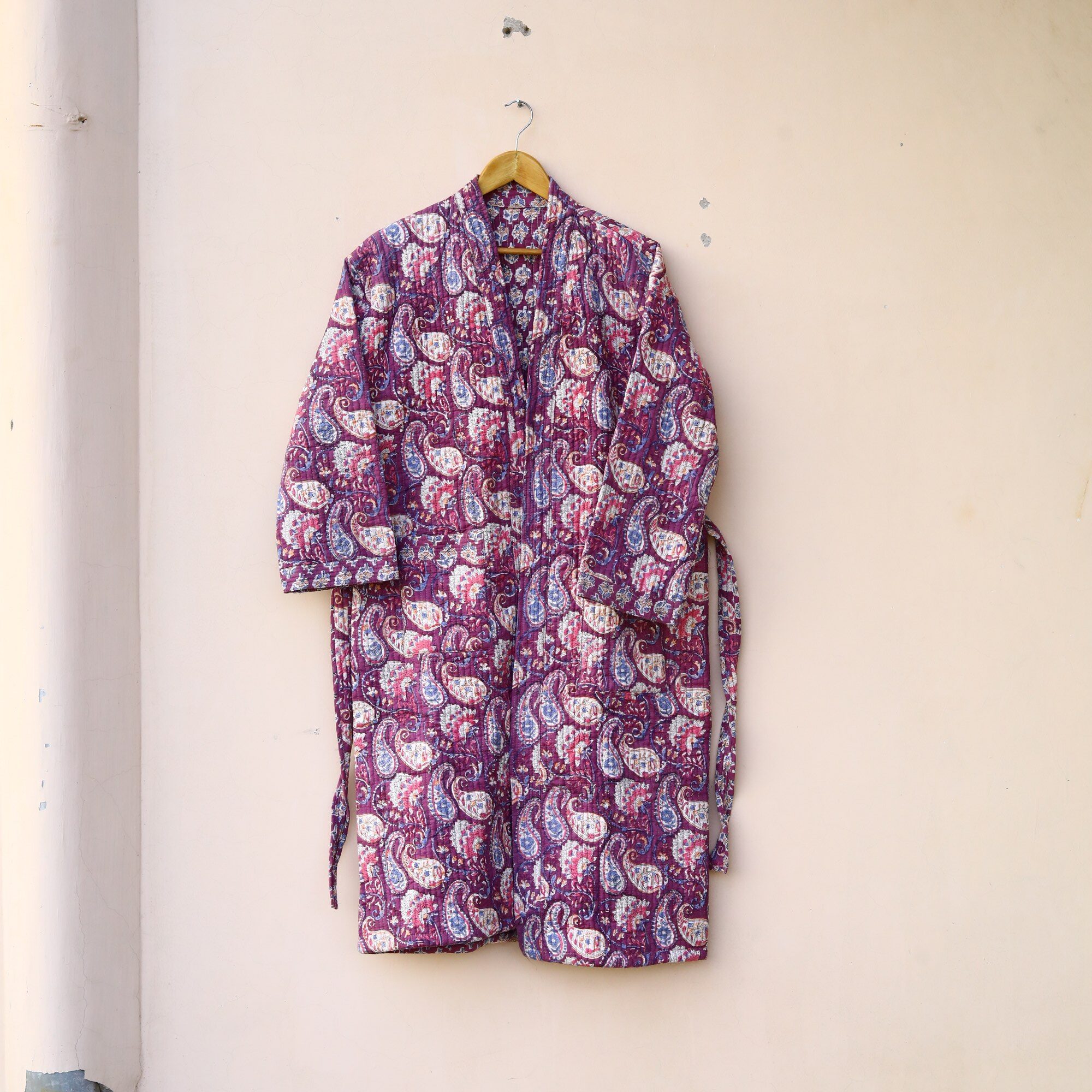 Paisley Kimono Block Printed Cotton Quilted Kimono In Purple With Spacious Pockets - Image 2