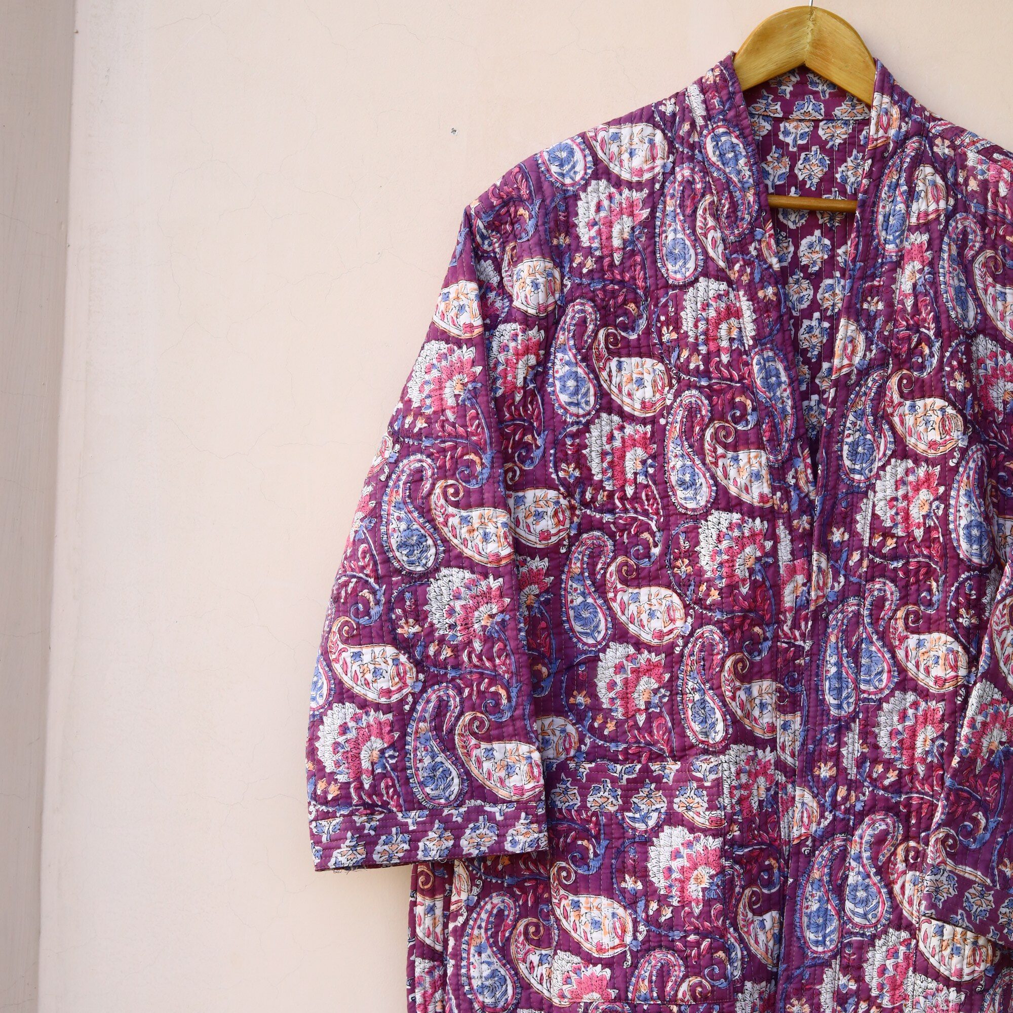 Paisley Kimono Block Printed Cotton Quilted Kimono In Purple With Spacious Pockets - Image 3
