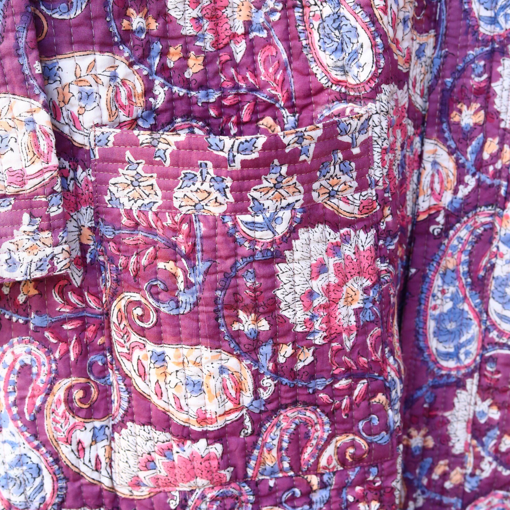 Paisley Kimono Block Printed Cotton Quilted Kimono In Purple With Spacious Pockets - Image 4