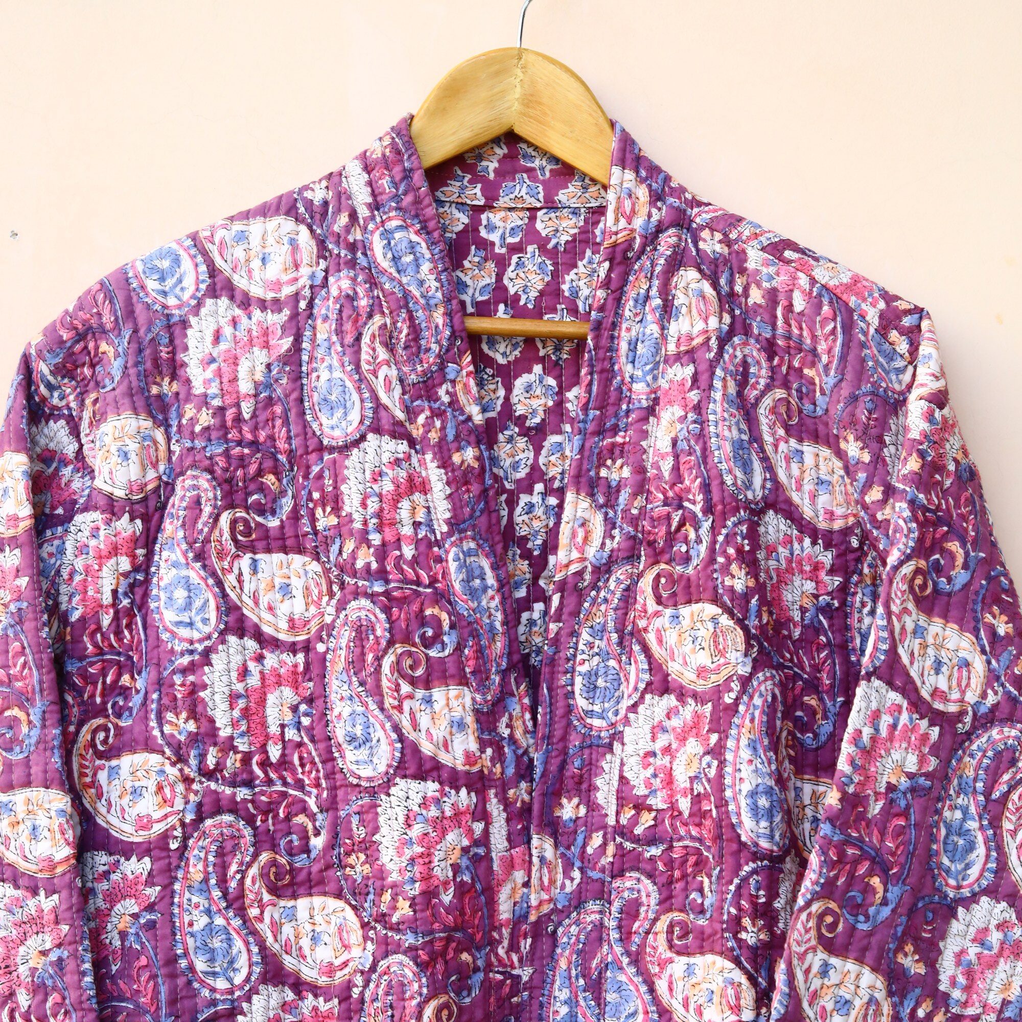Paisley Kimono Block Printed Cotton Quilted Kimono In Purple With Spacious Pockets - Image 5