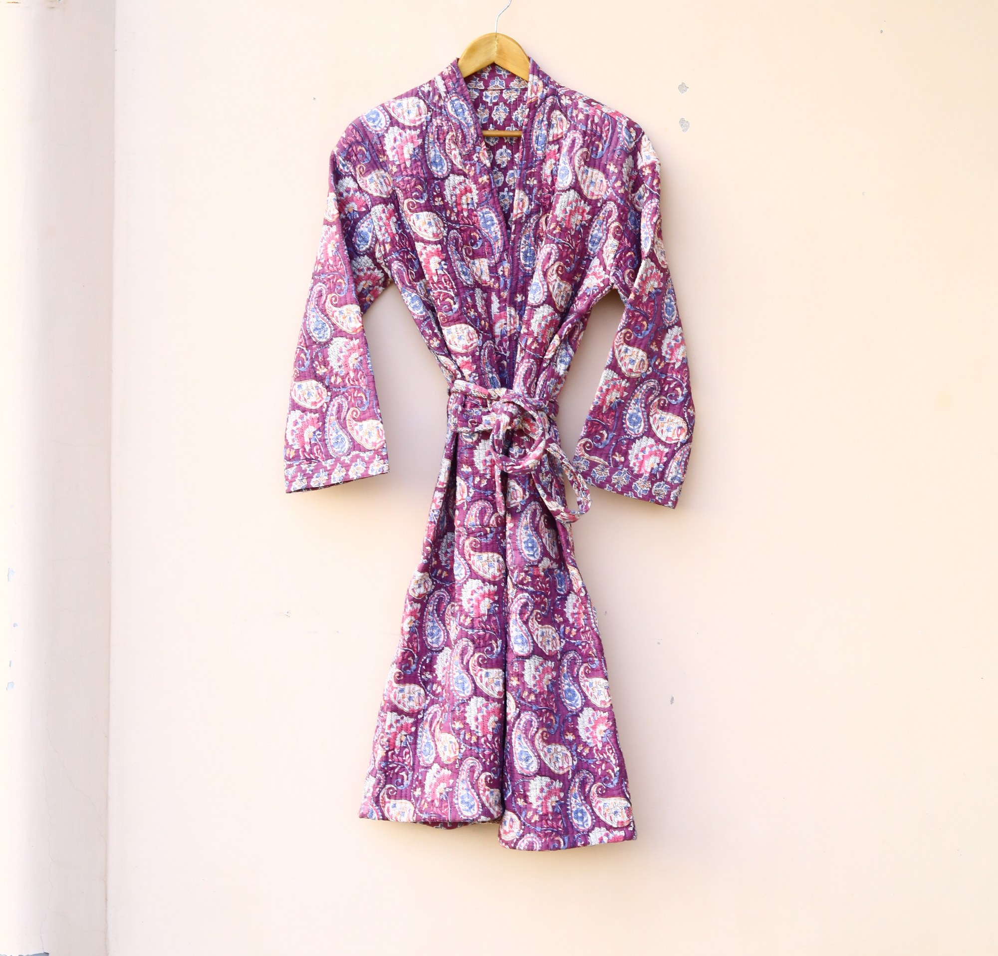 Paisley Kimono Block Printed Cotton Quilted Kimono In Purple With Spacious Pockets