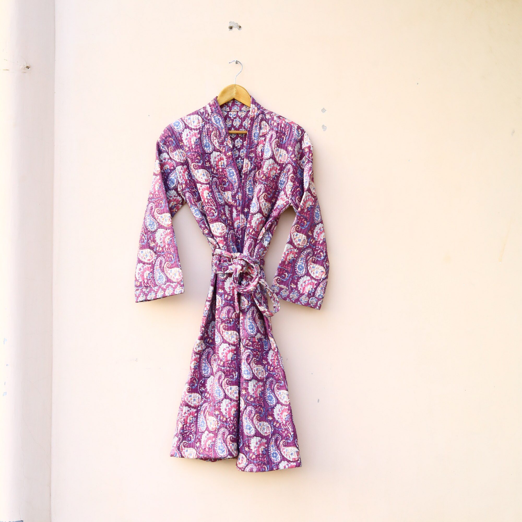 Paisley Kimono Block Printed Cotton Quilted Kimono In Purple With Spacious Pockets - Image 6
