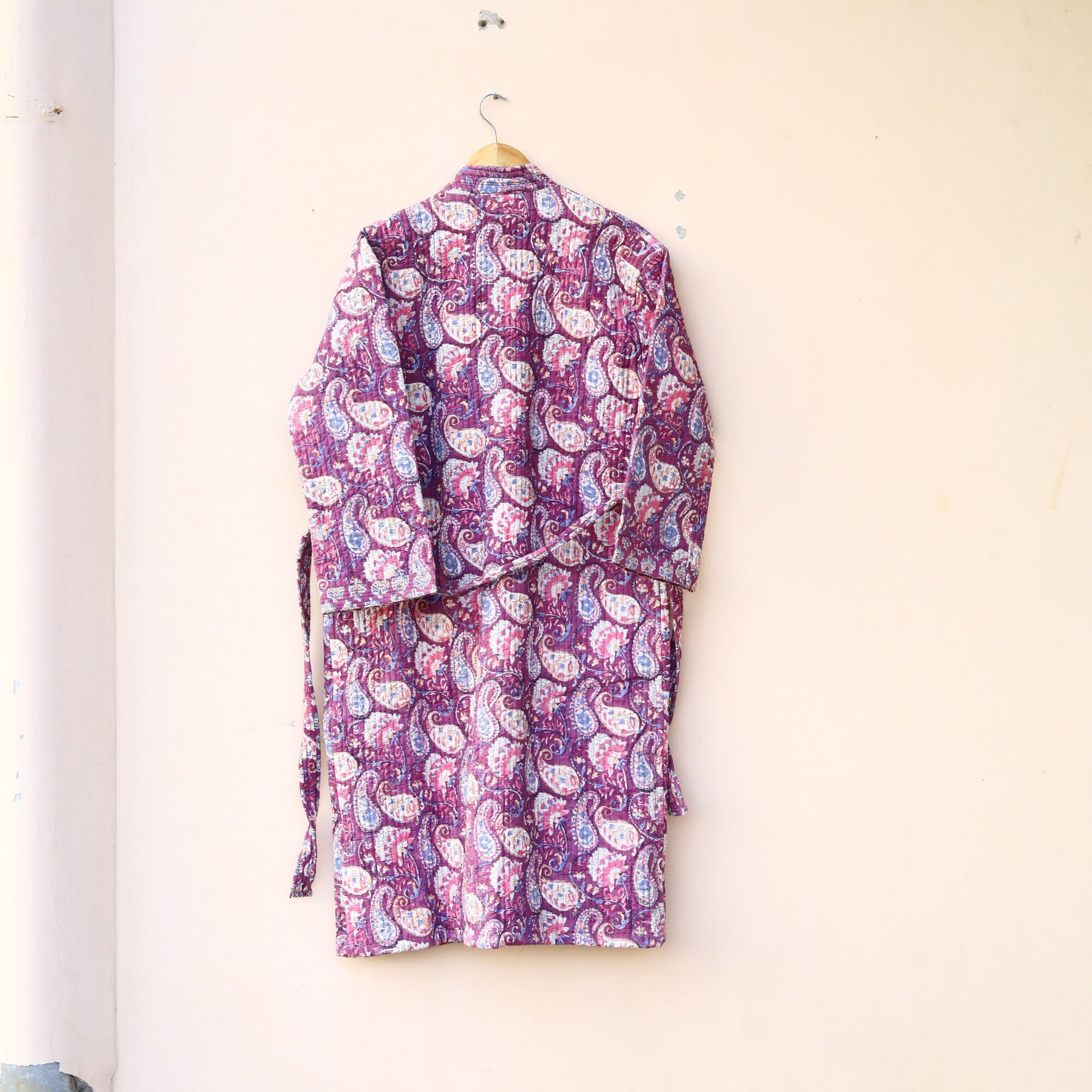 Paisley Kimono Block Printed Cotton Quilted Kimono In Purple With Spacious Pockets - Image 7