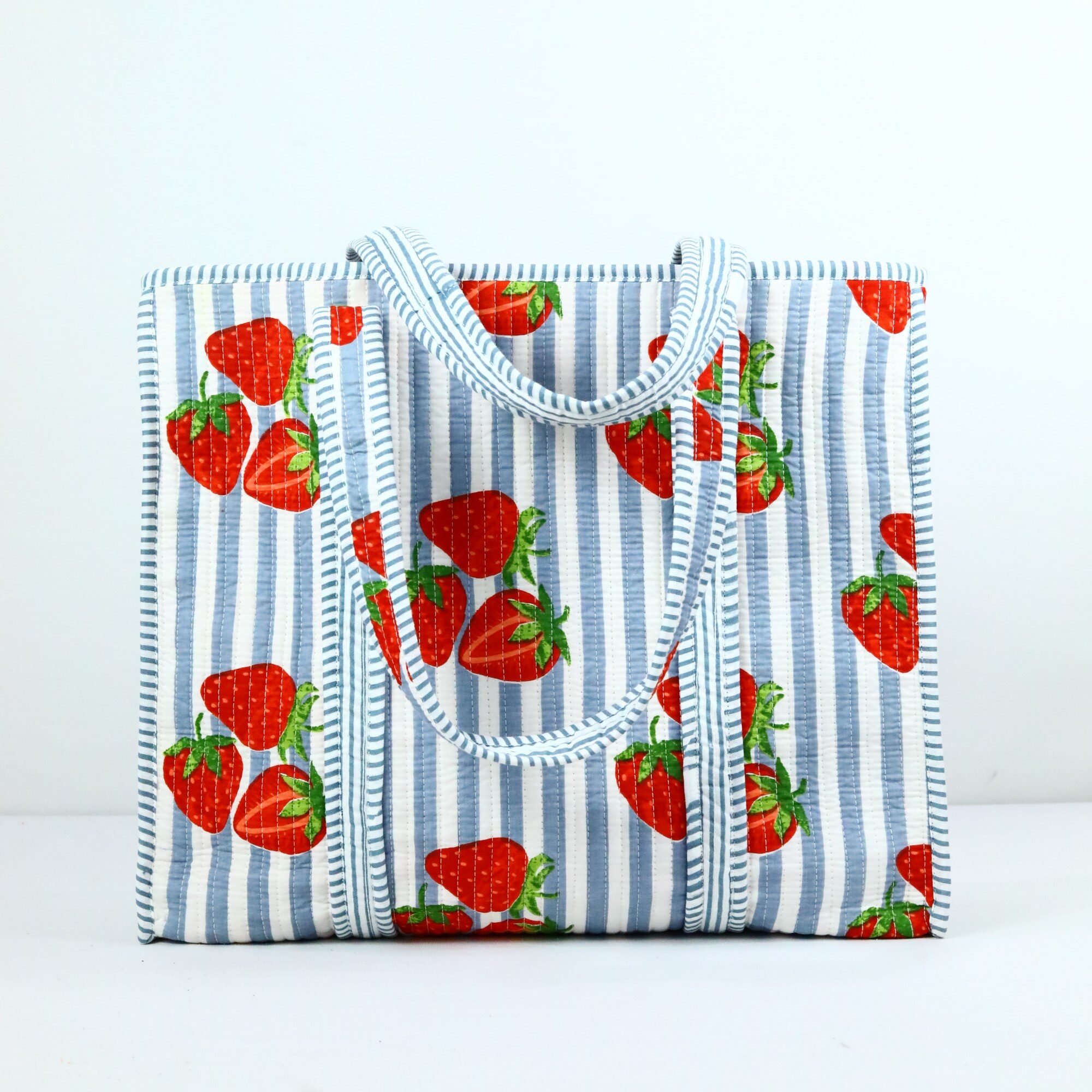 Strawberry Screen Print Cotton Tote Bag In Blue & Red