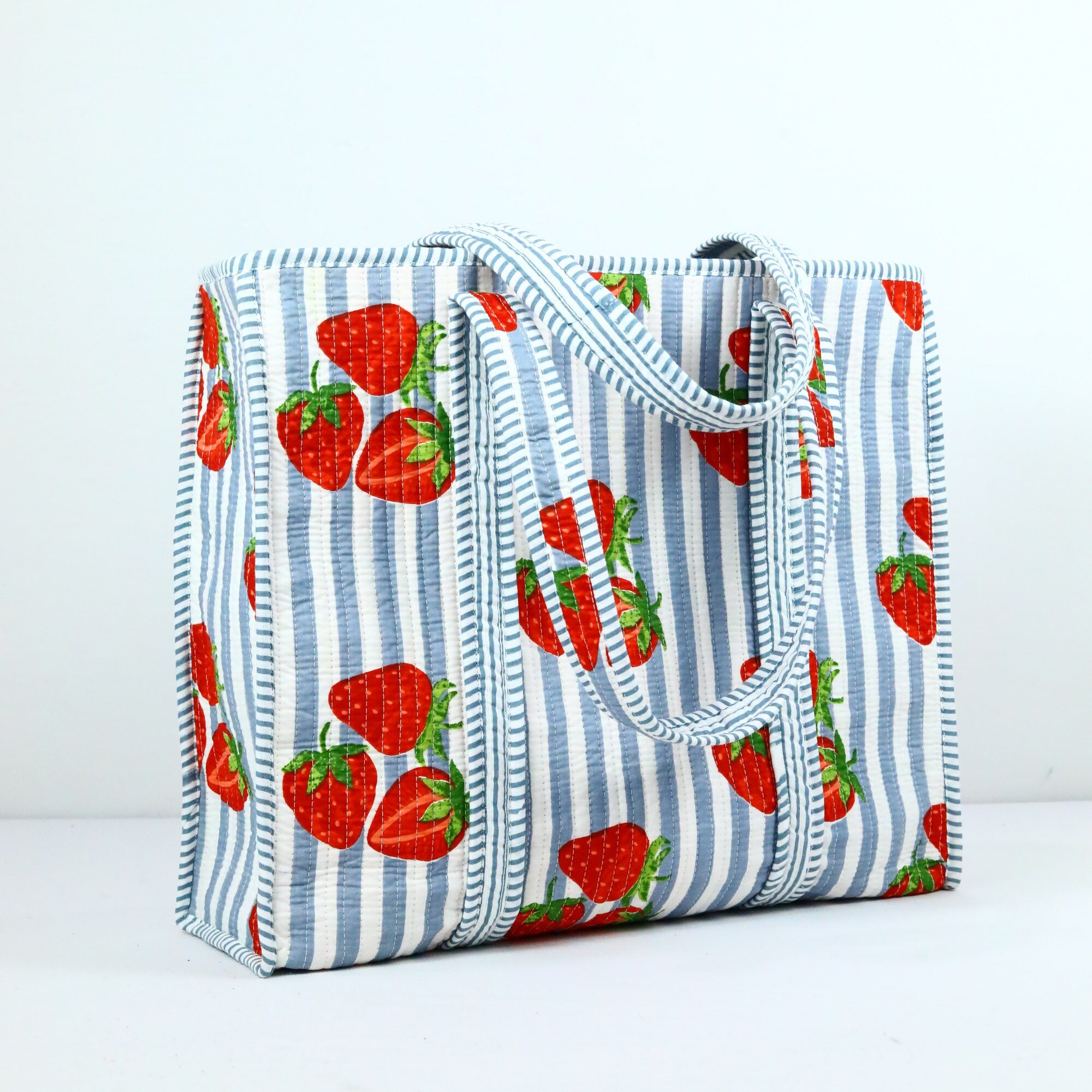 Strawberry Screen Print Cotton Tote Bag In Blue & Red - Image 3