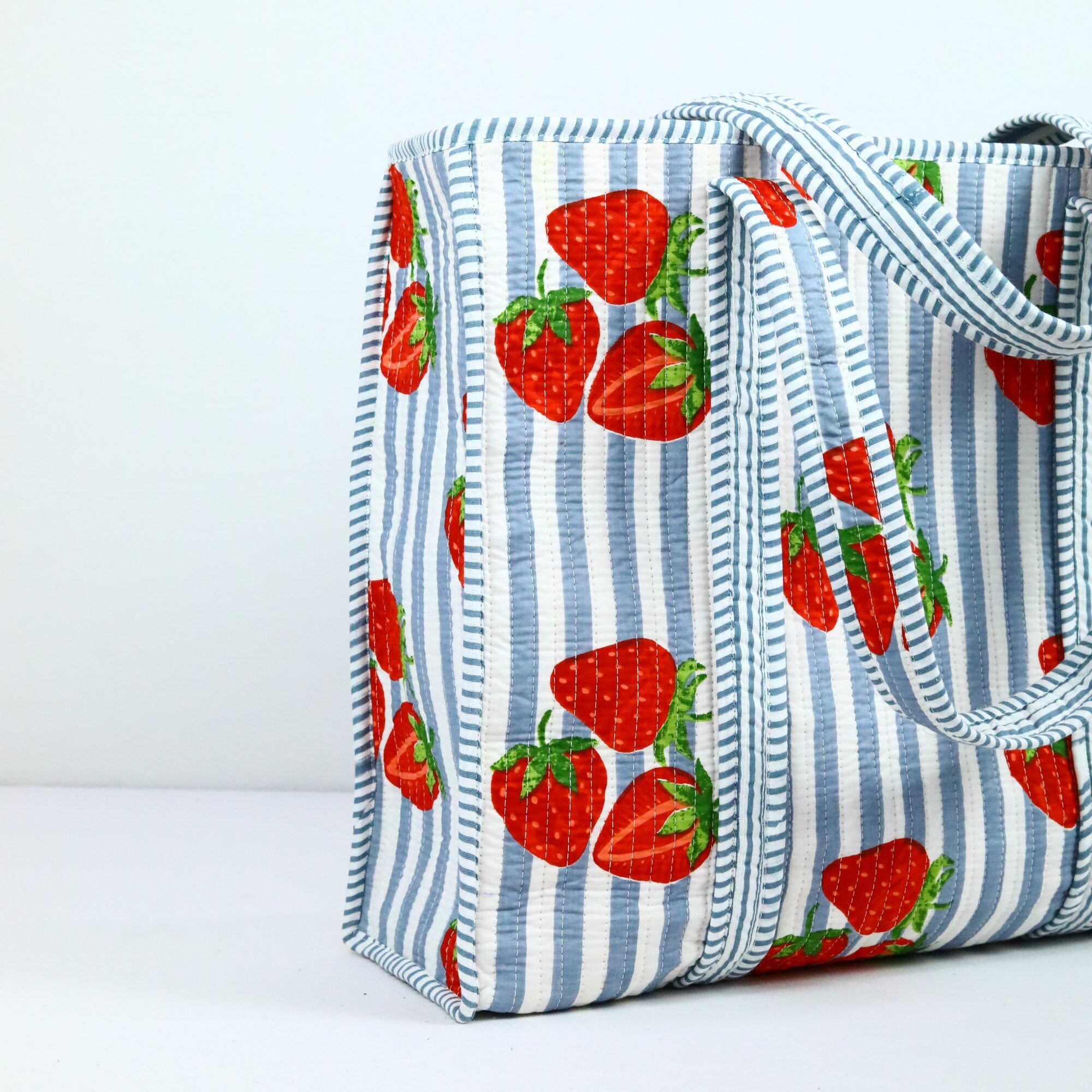 Strawberry Screen Print Cotton Tote Bag In Blue & Red - Image 4