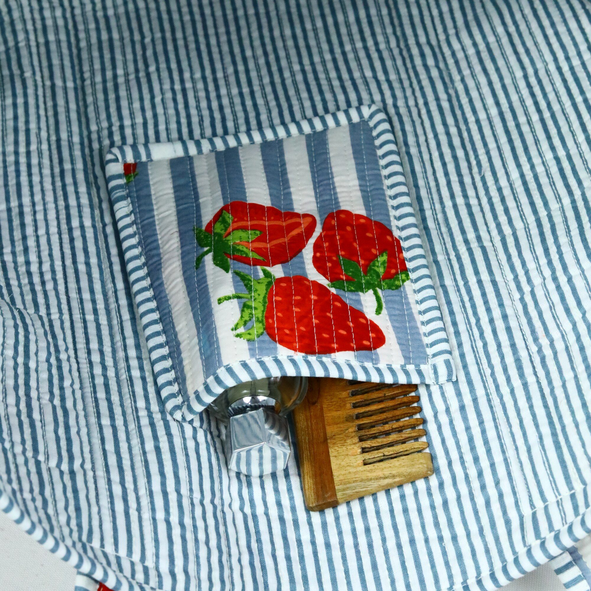Strawberry Screen Print Cotton Tote Bag In Blue & Red - Image 5