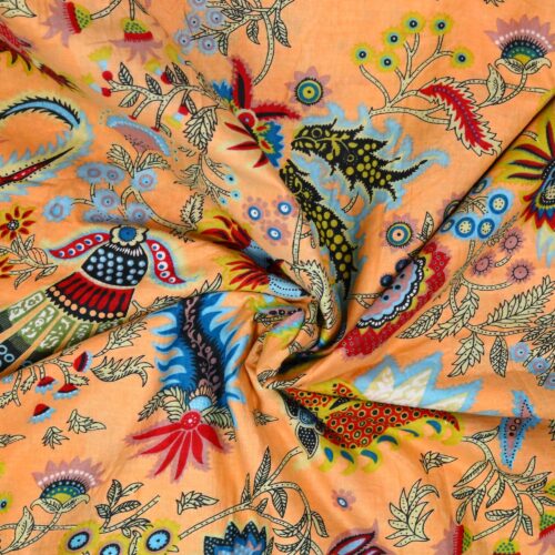Ethnic Cotton Screen Print Fabric In Peach & Multicolor