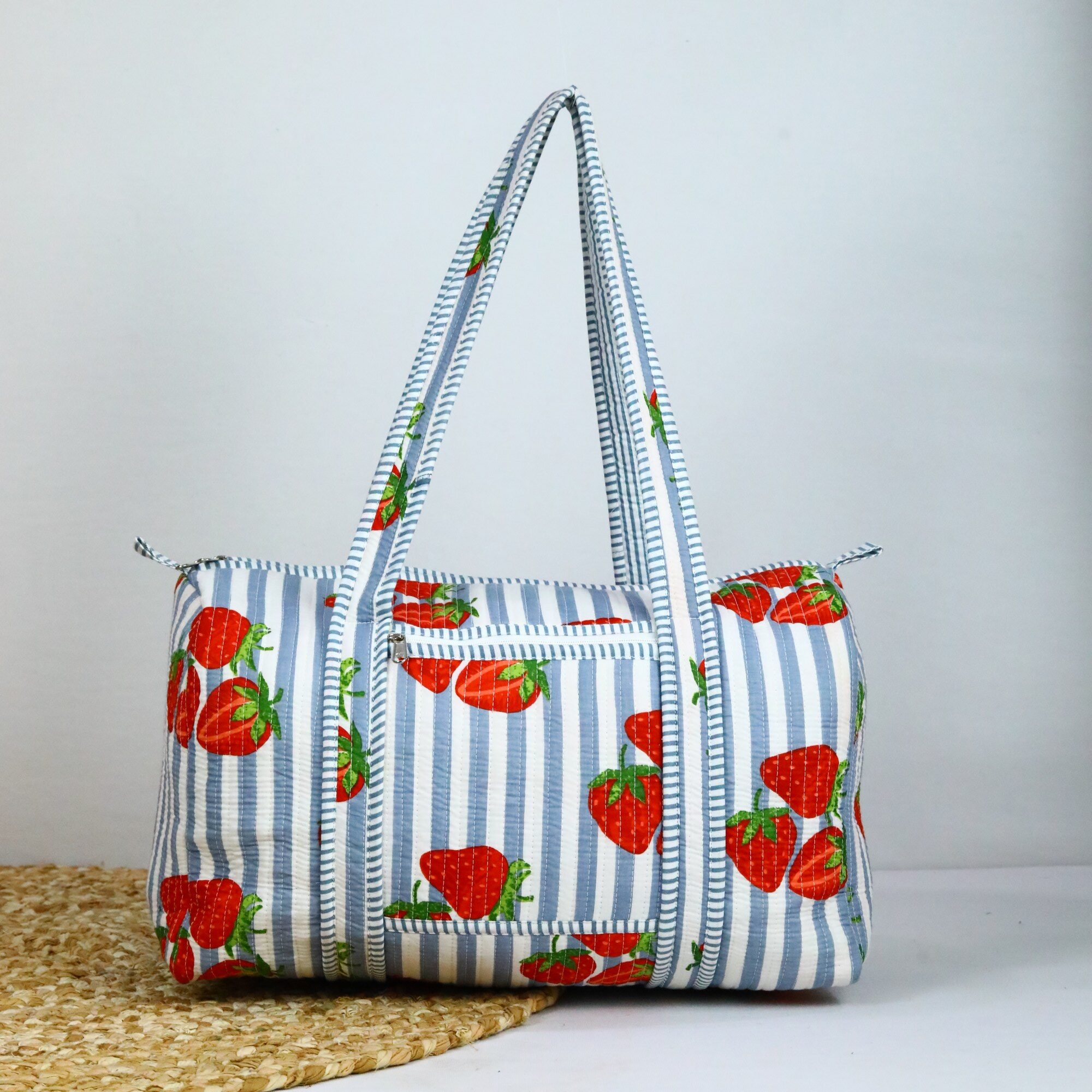 Juicy Strawberry Screen Printed Cotton Duffle Bag With Sturdy Handles