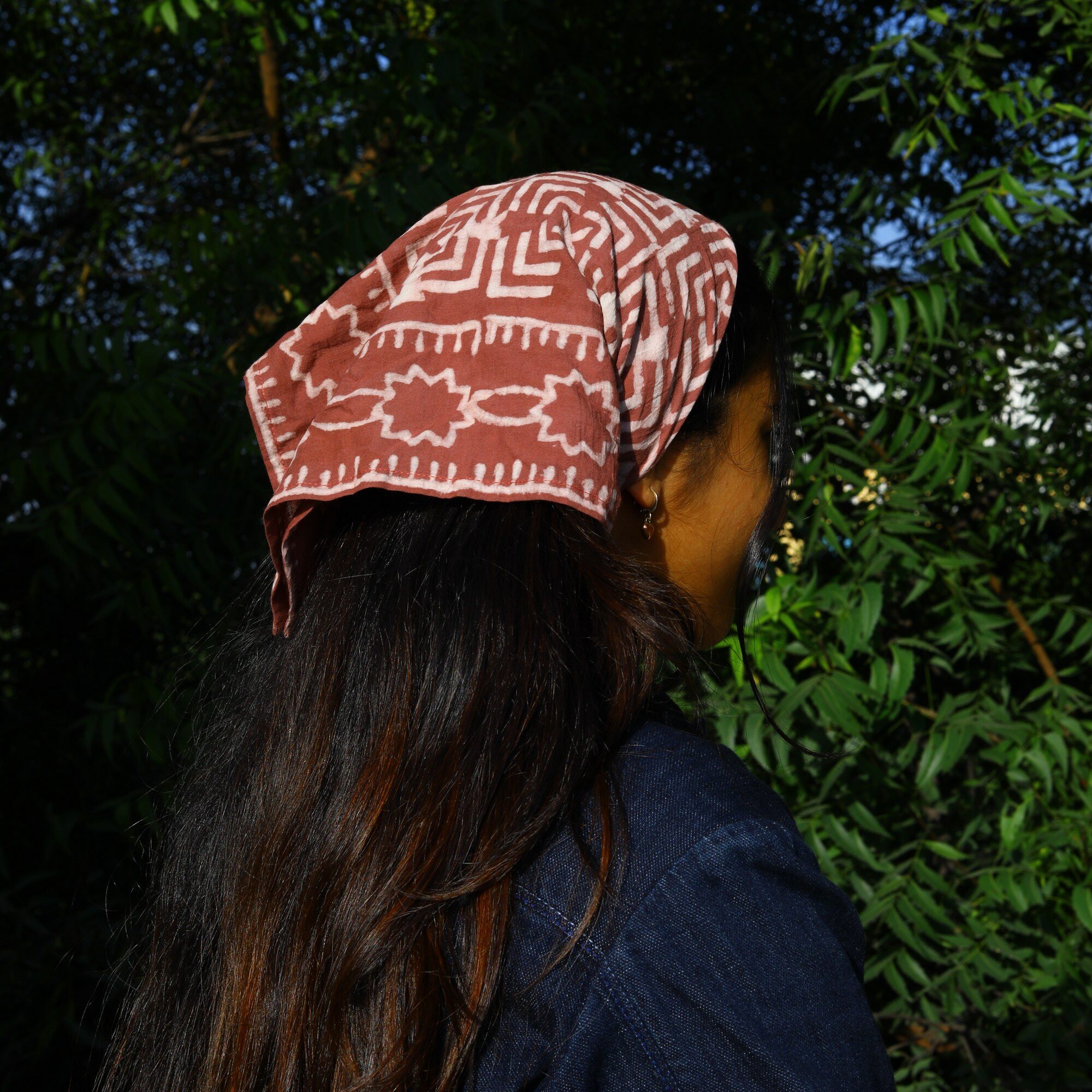 Bloom Babe Cotton Block Printed Bandana In Rust Brown