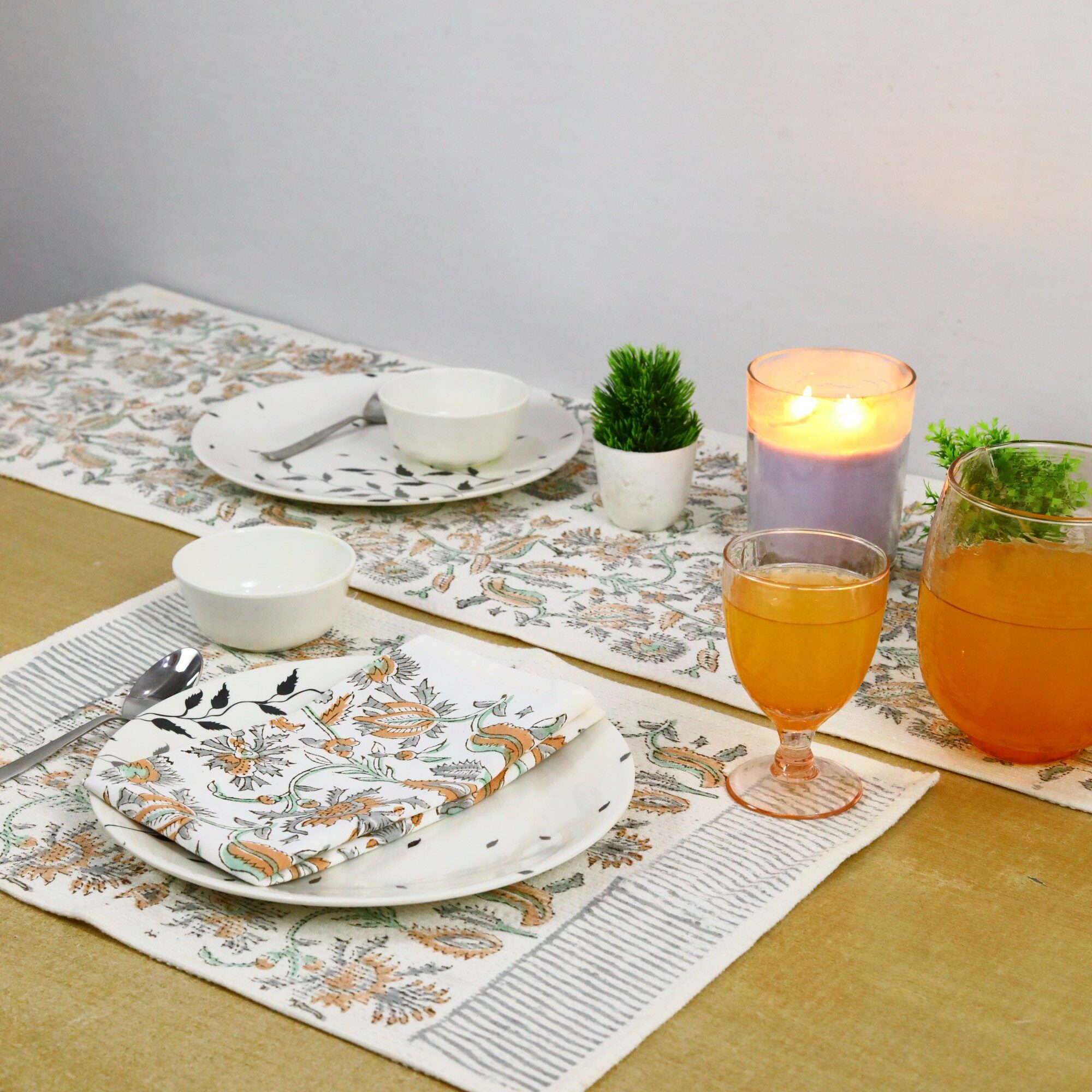 Signature Cotton Kantha Runner, Napkin & Mat Set