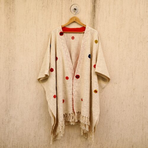 Slub Elegance  Embroidery Shrug In Cream & Multicolor