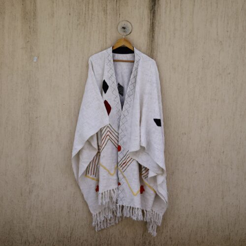 Slub Cotton Charm Embroidery Shrug In White & Multicolor