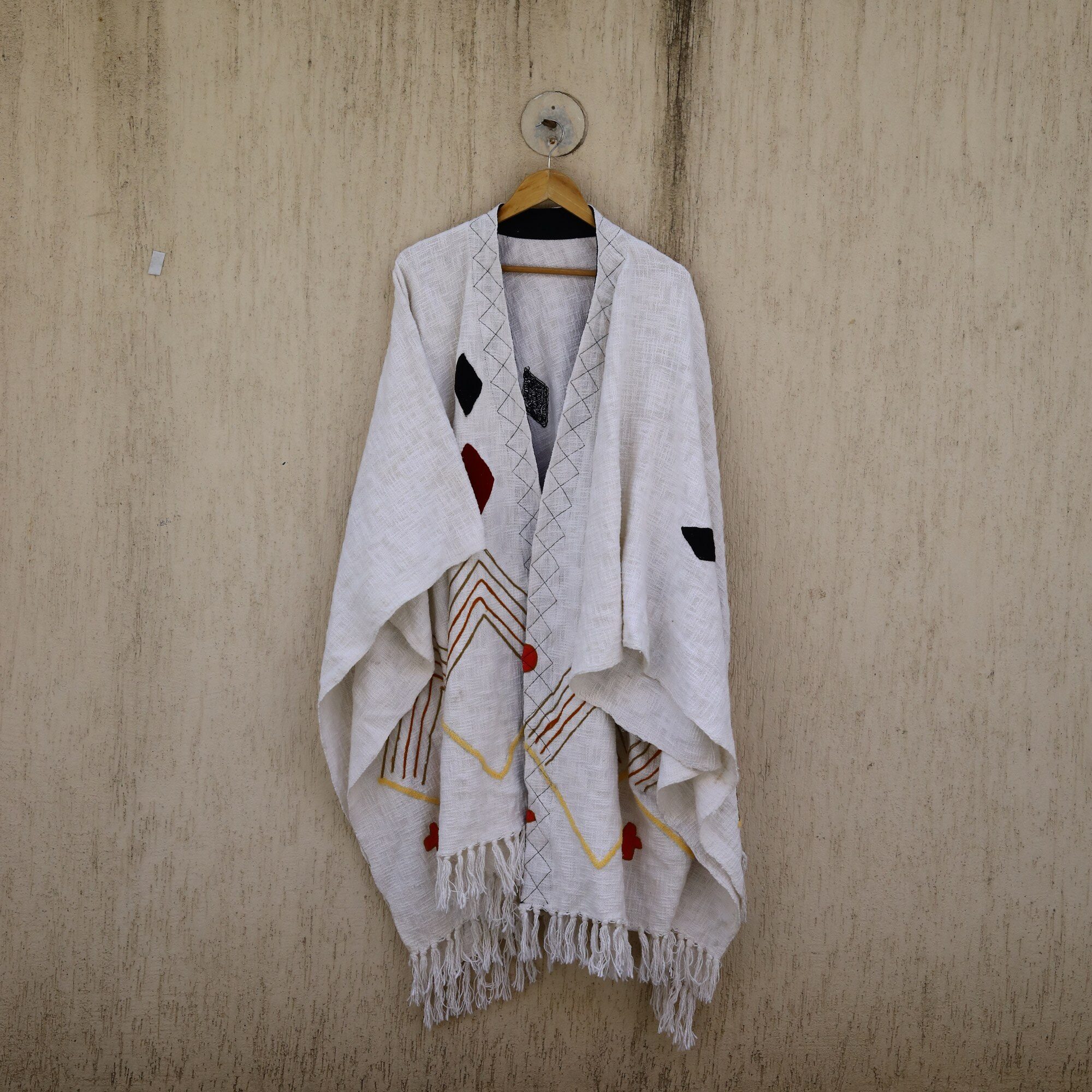 Slub Cotton Charm Embroidery Shrug In White & Multicolor