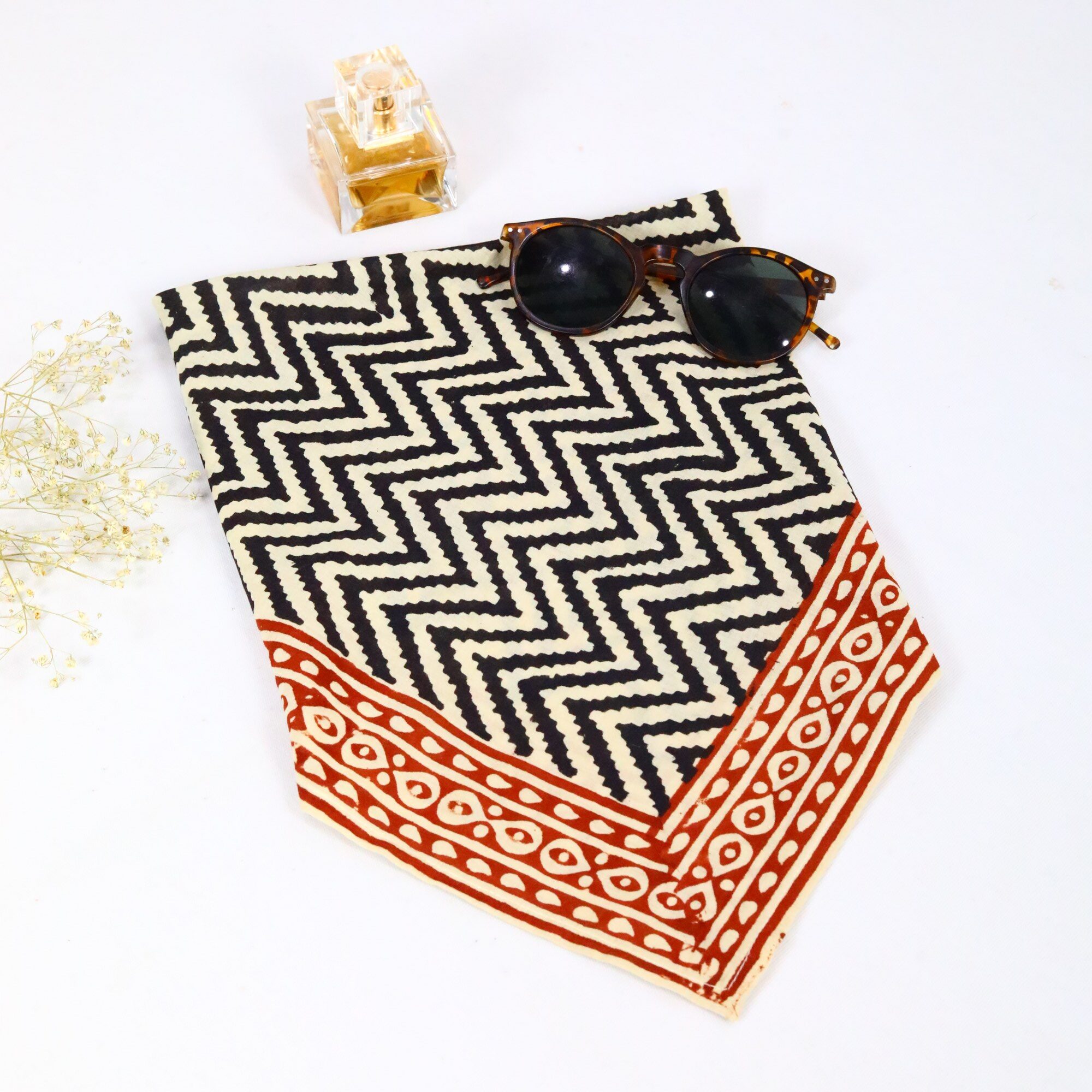 Soft Wrap Cotton Block Printed Bandana In Black, Red & White - Image 4