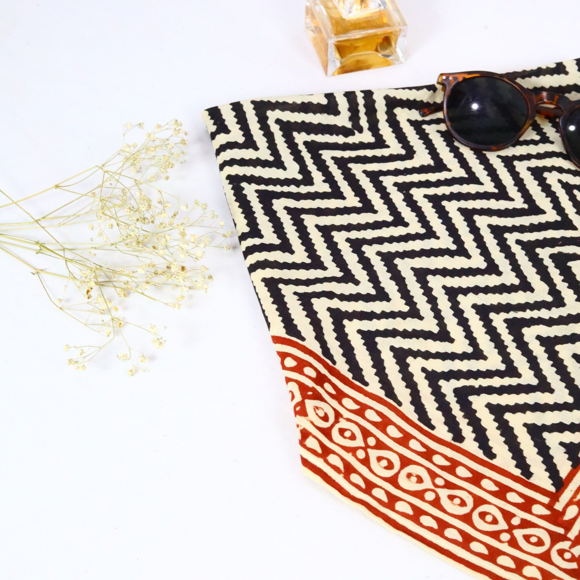 Soft Wrap Cotton Block Printed Bandana In Black, Red & White - Image 5