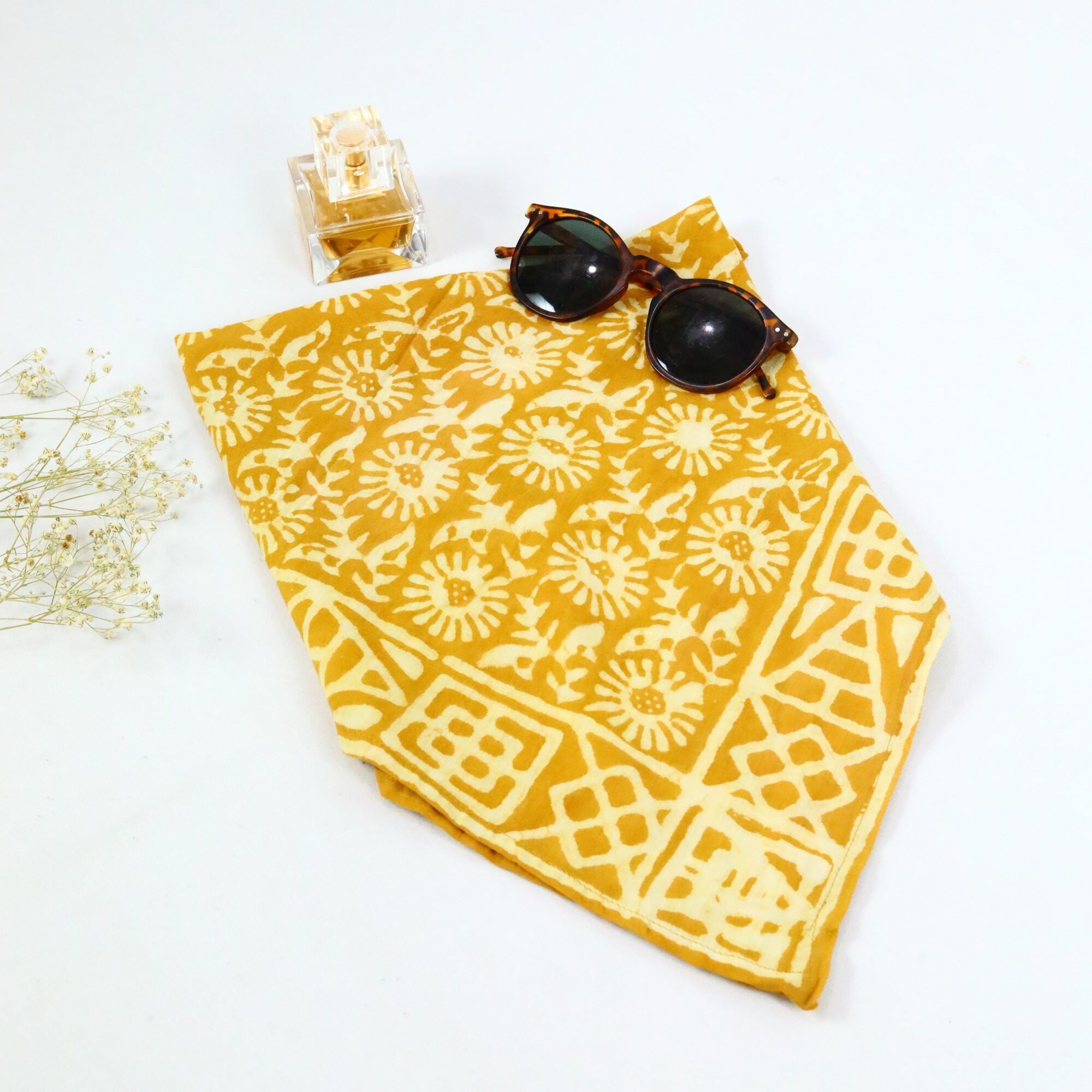 Knot Pop Style Cotton Block Printed Bandana In Yellow