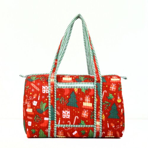 Santa’s Travel Tote Screen Printed Cotton Duffle Bag With Sturdy Handles